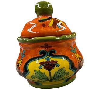Talavera Ceramic Lidded Canister Hand Painted Orange Green Floral Pottery Jar